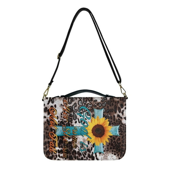Kuiaobaty Cross Sunflower Leopard Print Bible Cover for Women Men God is Within Her PU Leather Bible Bag Large Capacity Bible Bag with Handle & Shoulder Strap, Bible Carrying Case Church Bag, L