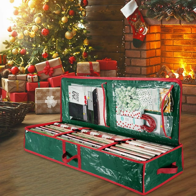 Staron Christmas Wrapping Paper Storage Bag, 41" Durable PE Gift Wrapping Organizer Storage Wrapping Paper Storage Containers with Flexible Partitions for Ribbon, Accessories