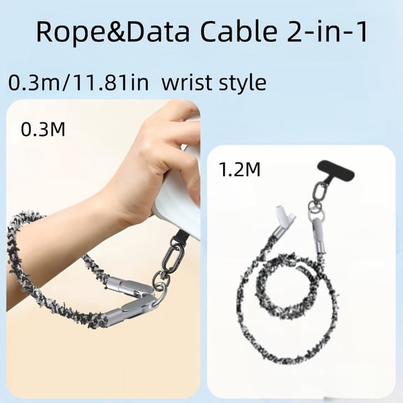 Braided 2-in-1 Fast Charging Data Cable with Detachable Lanyard, Wearable on Wrist, Backpack & Keychain, Anti-Loss Design for Phone Charging & Data Sync