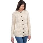 SAOL 100% Merino Wool Women's Aran Button Up Cable Knit Cardigan Sweater Irish Lumber Jacket with Pockets Made in Ireland