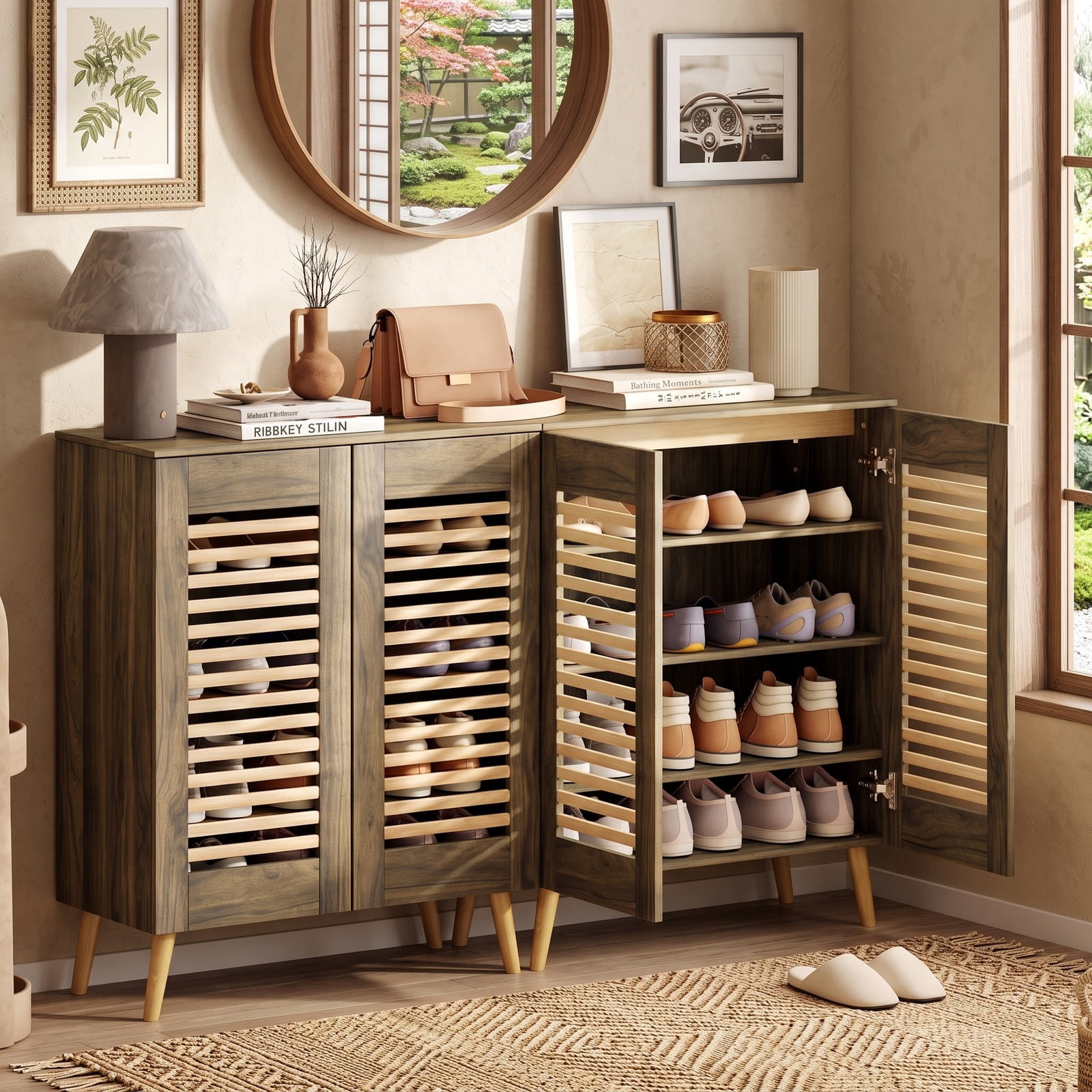 Furnibear Shoe Cabinet with Louvered Doors and 3 Removable Shelves for Entryway Closet and Hallway Shoe Storage Organizer, Walnut