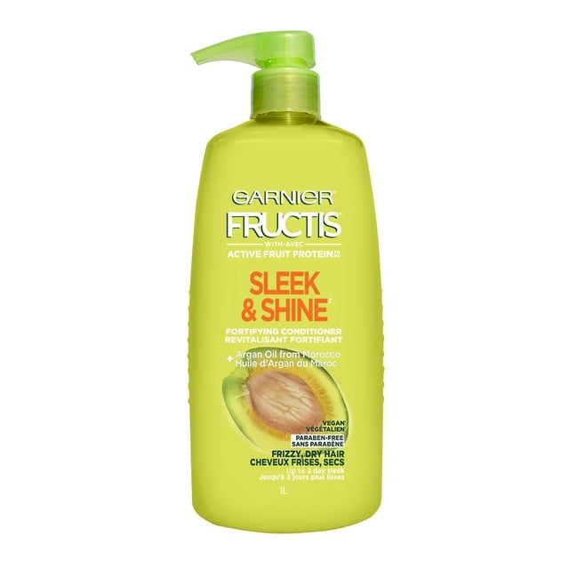 Acondicionador Garnier Fructis Sleek and Shine para cabello encrespado, botella de 33,8 onzas