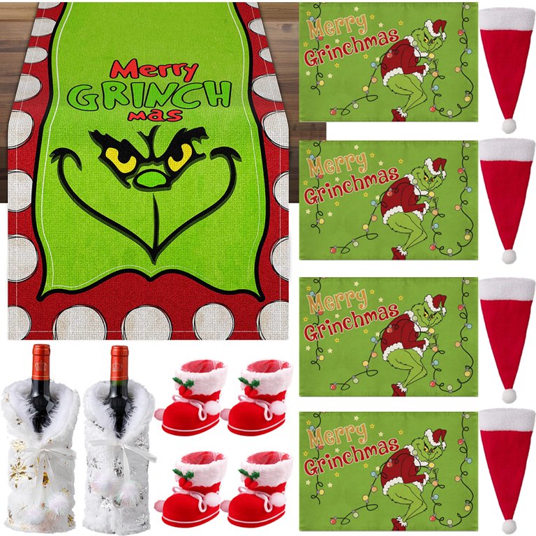 Set of 5 Grinch Placemats and Table Runner Merry Grinchmas Table Mats  Winter New Year Xmas Christmas Decorations and Supplies for Home Kitchen  Table 