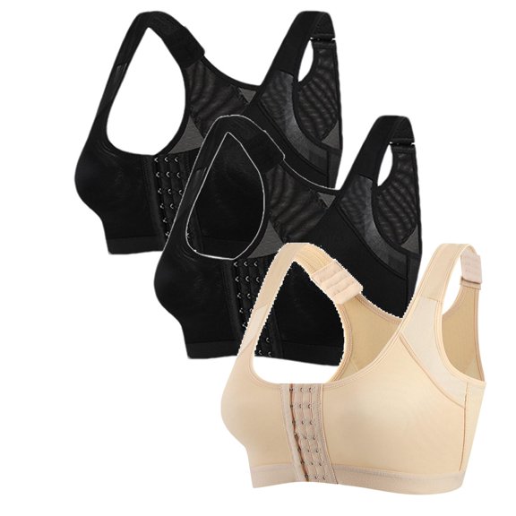 absuyy Bras for Women Plus Size 3-Pack Wireless Stretch Compression Front Closure Sports Bra Beige Gym Tops Size 4XL