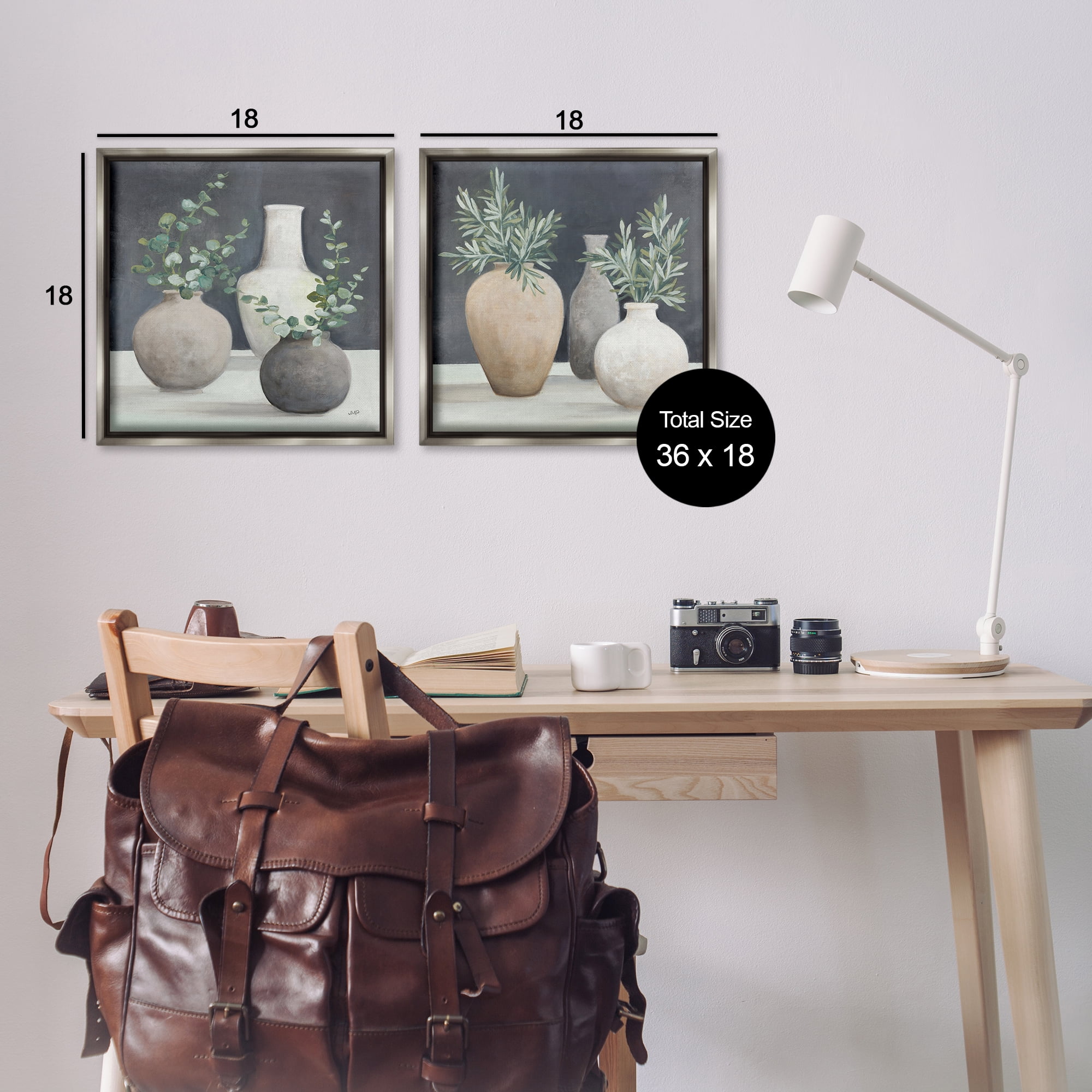 Stupell Industries Eucalyptus Greens Fresh Vessels Plants & Flowers Painting Gray Floater Framed Canvas Art Print Wall Art, 18 x 18, Set of 2