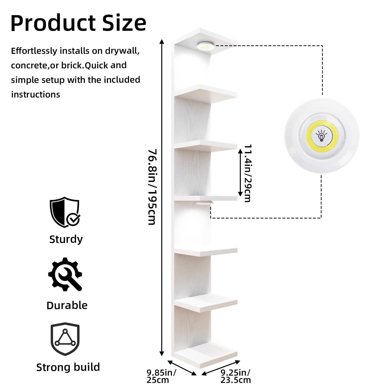 Fairy 7-Tier Wall Mounted Shelf Unit, White Floating Shelves with LED Lights, Home Decor Organizer and Display Rack