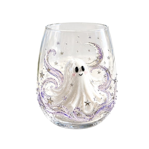 Halloween Stemless Wine Glass, Cute Ghost Star Purple Swirl Tumbler, Spooky Fall Decor Drinkware, 2D Crystal Cup For Party, Unique Holiday Gift