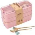 thumbnail image 1 of Kidsjoy Pink Stackable Bento Lunch Box, 3-Compartment Wheat Straw Container with Cutlery for Kids, 1-Pack | Portable Food Storage for School & on-the-Go, 1 of 7