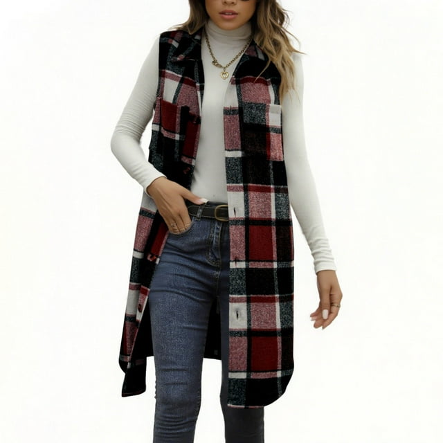 HongQid Gilet Sans Manches en Flanelle à Carreaux pour Femme, Chemise-Veste Boutonnée
