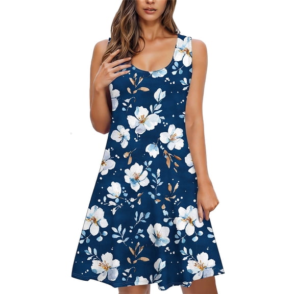 SELONE Women's Nightgowns with Pockets Crew Neck Sleeveless Midi Nightdress Wide Strap Soft Sleep Dress Floral Homewear