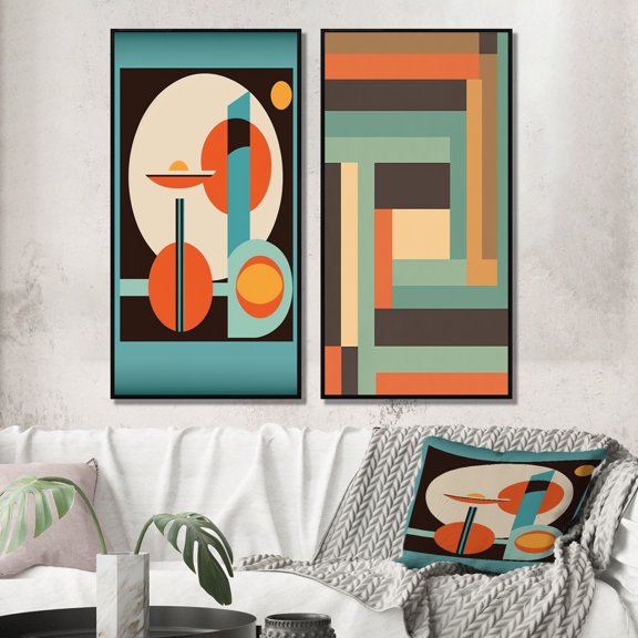 Designart "Graphic Nostalgia Vintage Mid-century Style II" Modern Midcentury Framed Wall Art Set Of 2 - Mid-Century Blue Gallery Wall Frame Set For Home Decor
