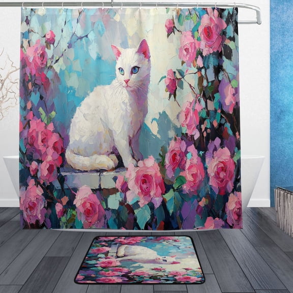 BZSMCE Shower Curtain and Bath Accessory Set,White Cat Among Pink Roses Pattern