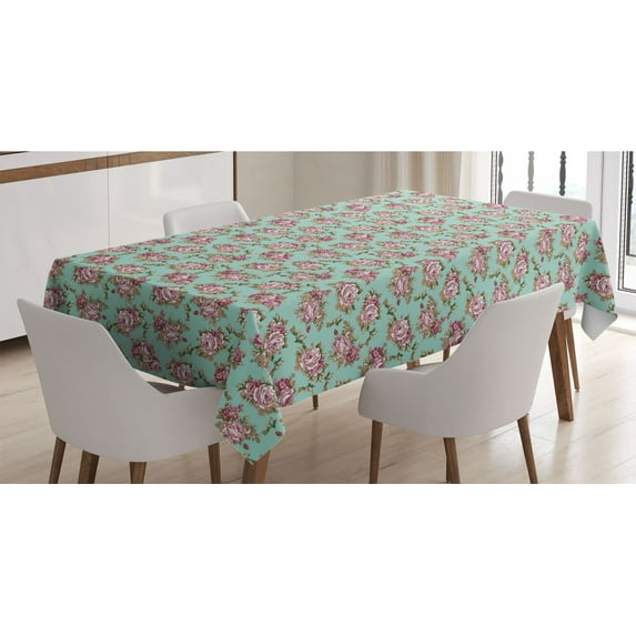 Peony Tablecloth, Repetitive Classic Flowers Pastel Tone Pattern, Rectangle Satin Table Cover Accent for Dining Room and Kitchen, 52" X 70", Seafoam Dried Rose, by Ambesonne