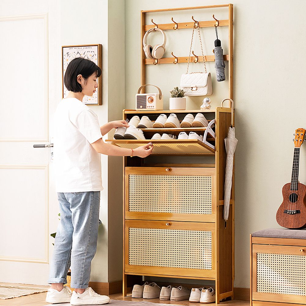 WGYPRIME Shoe Cabinet with 3 Rattan Flip Drawers, Farmhouse Style Bamboo Shoe Storage Cabinet with Coat Hooks, Freestanding Shoe Rack Organizer for Entryway, Hallway, Closet, Living Room