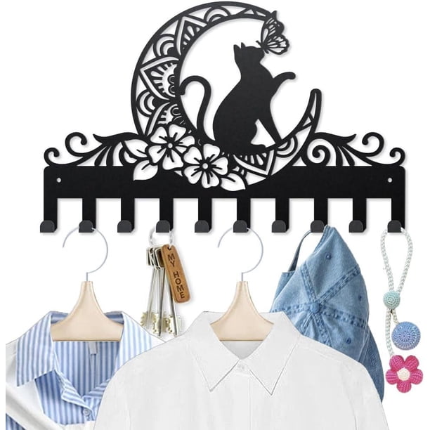 Perchero de pared de metal con diseño de gato, luna y mariposa, 15,7 x 9,8 pulgadas, con 10 ganchos, diseño de animales, plantas y arte negro.
