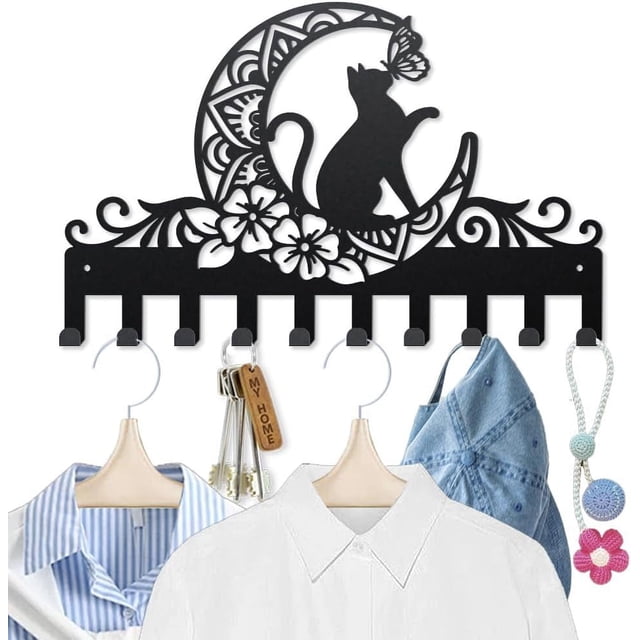 Perchero de pared de metal con diseño de gato, luna y mariposa, 15,7 x 9,8 pulgadas, con 10 ganchos, diseño de animales, plantas y arte negro.