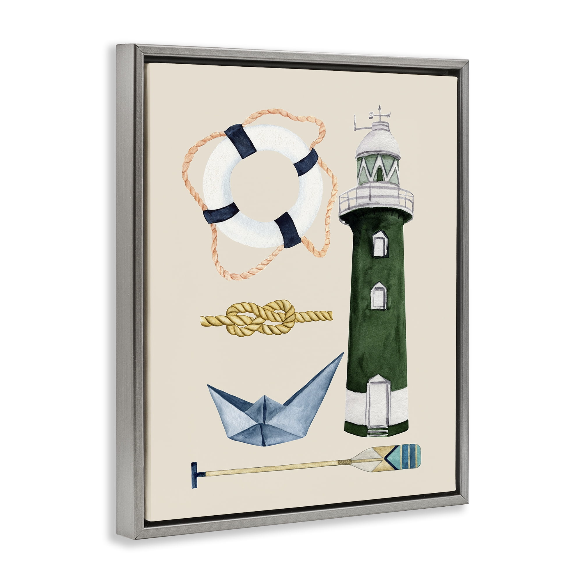 Stupell Industries Maritime Nautical Items Nautical & Beach Painting Gray Floater Framed Canvas Art Print Wall Art, 25 x 31
