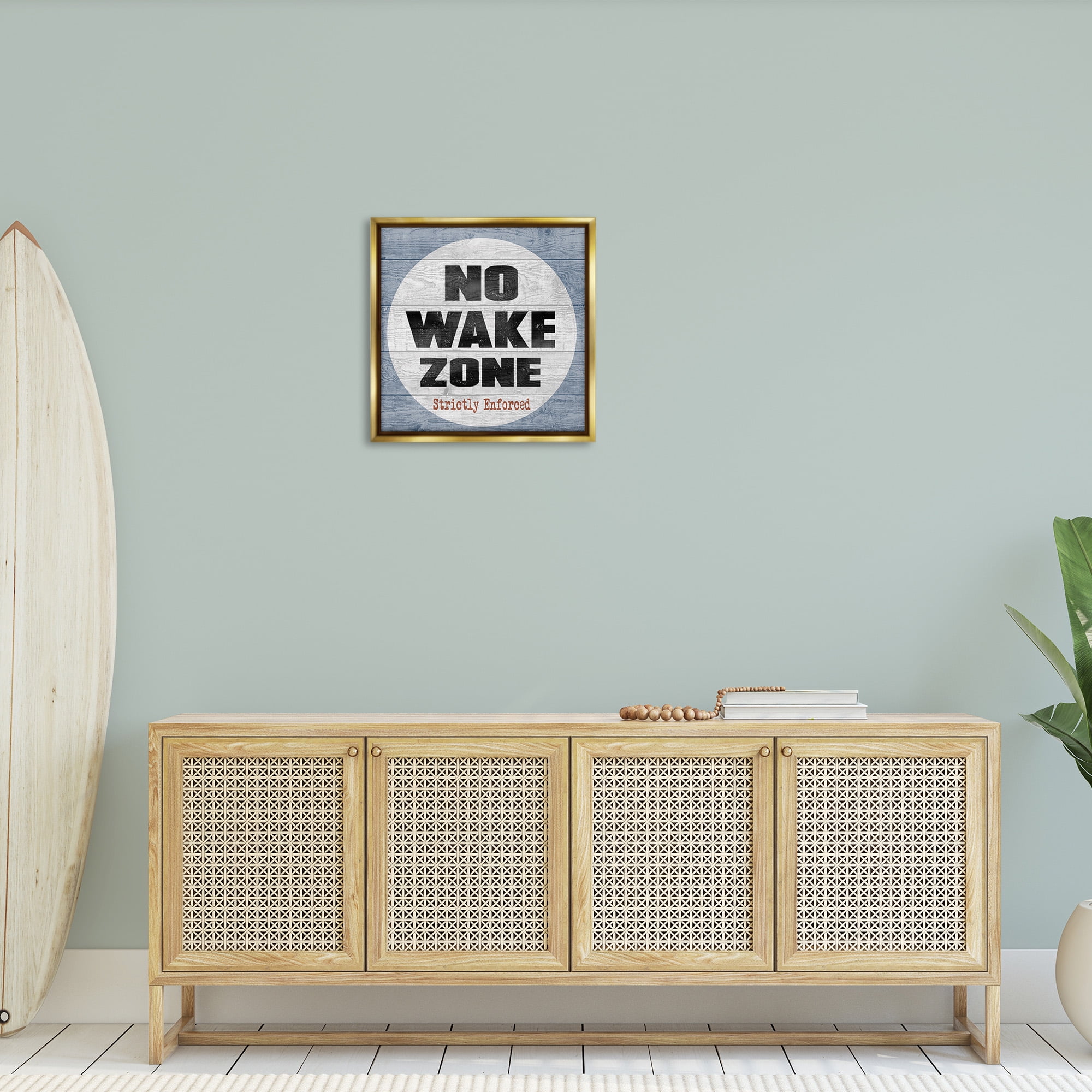 Stupell Industries No Wake Zone Beach Planks Nature Painting Gold Floater Framed Canvas Art Print Wall Art, 25 x 25