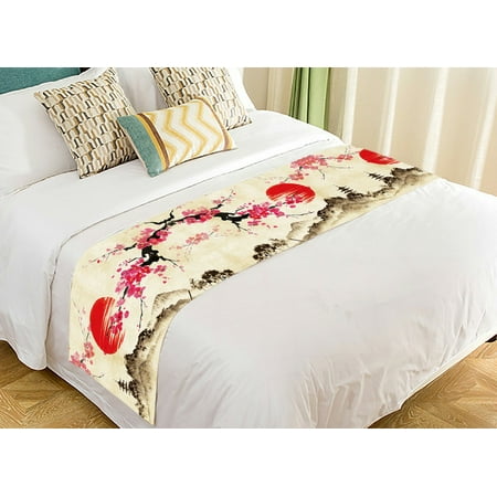 Bed Scarves GCKG Landscape Bed Runner, Japanese Sakura Cherry Blossom Moon Bed Runners Scarves Bed Decoration 20x95 inch ()