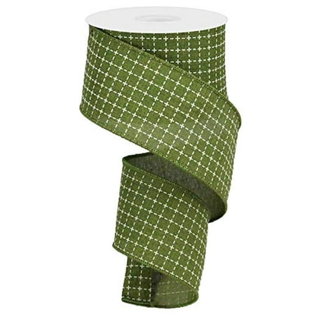 Moss Green Cream Raised Stitched Squares Wired Ribbon (2.5 Inches x 10 Yards)