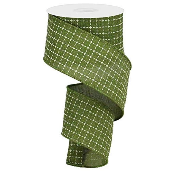 Moss Green Cream Raised Stitched Squares Wired Ribbon (2.5 Inches x 10 Yards)