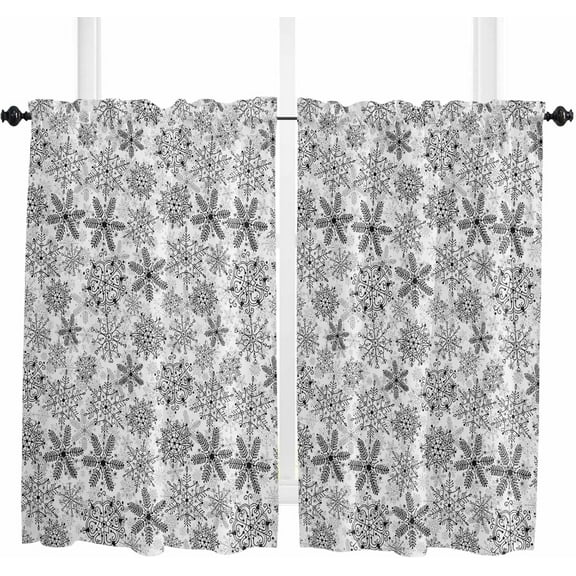 Black White Snowflake Christmas Short Curtains 54 Inch Length - 2 Panels, Rod Pocket Curtain Panels, Xmas Snowflake Vintage Window Treatment for Bedroom/Kitchen/Bathroom, 42W x 54L Inch