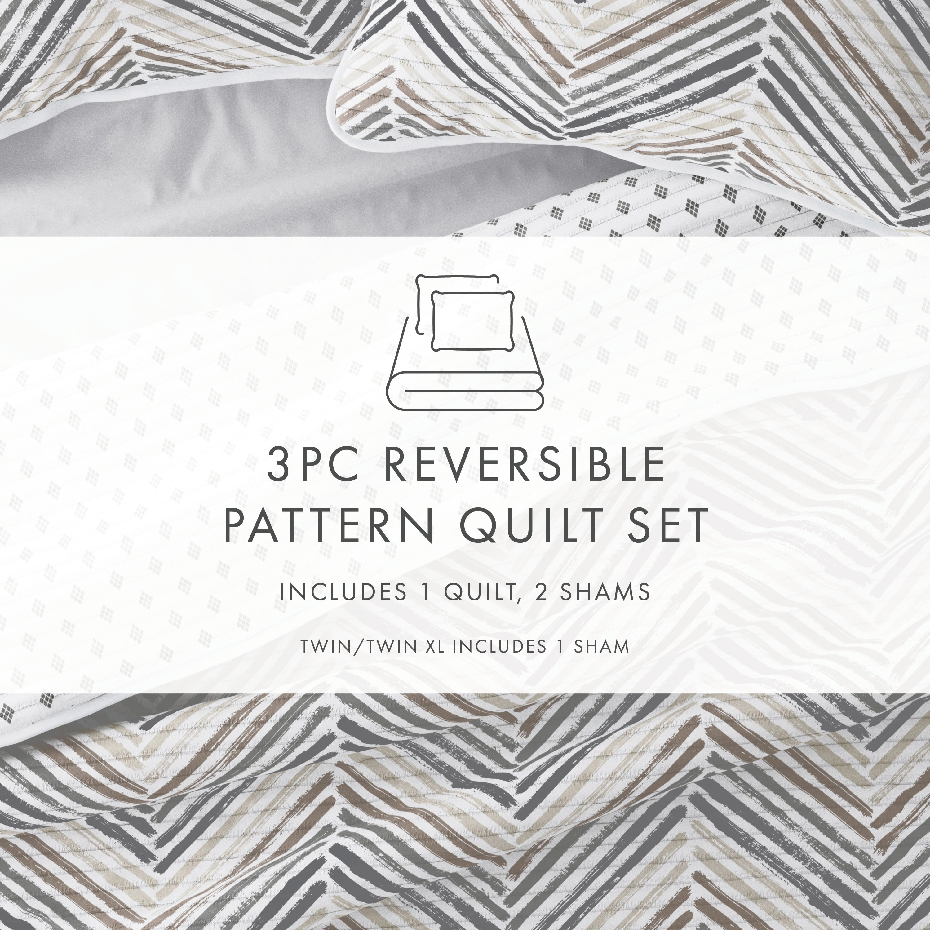 Noble Linens Light Gray 3 Piece Diamond Chevron Reversible Microfiber Quilt Set, Queen / Full