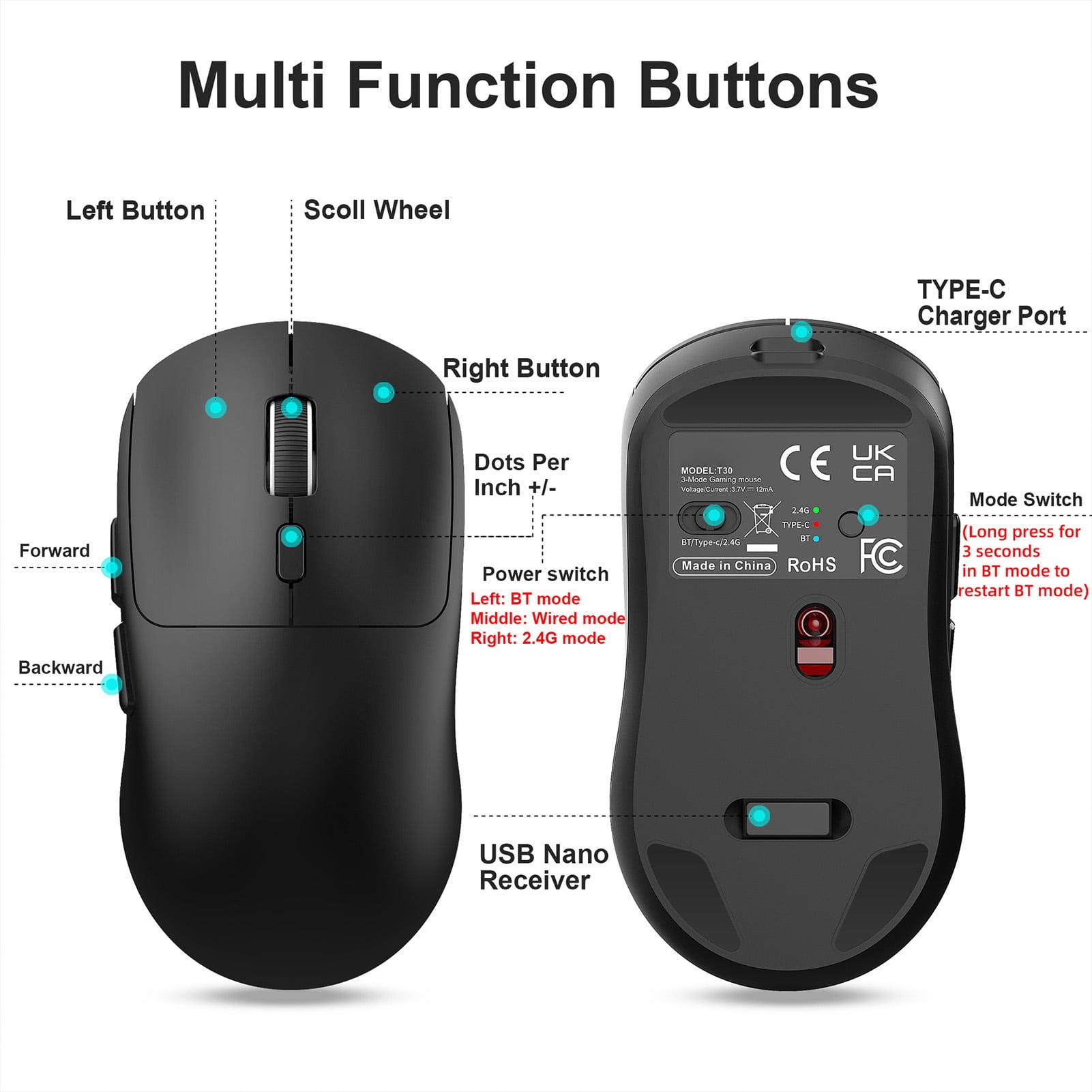 Elowen Wireless Mouse Computer Gaming Mouse 6400DPI with TTC Switches, 6 Key 1000Hz, Universal Compatibility, Fast Charge for Desktop, Laptop