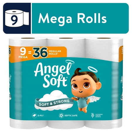 Angel Soft Toilet Paper, 9 Mega Rolls, Soft and Strong Toilet Tissue