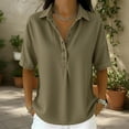 thumbnail image 2 of Sillenn Retro Denim Shirt for Women Collar Henley Half Button Short Sleeve Jean Shirt Oversized Dressy Casual Jean Blouse Lightweight Loose Fit Business Casual Office Work Polo Shirt Army Green S, 2 of 5