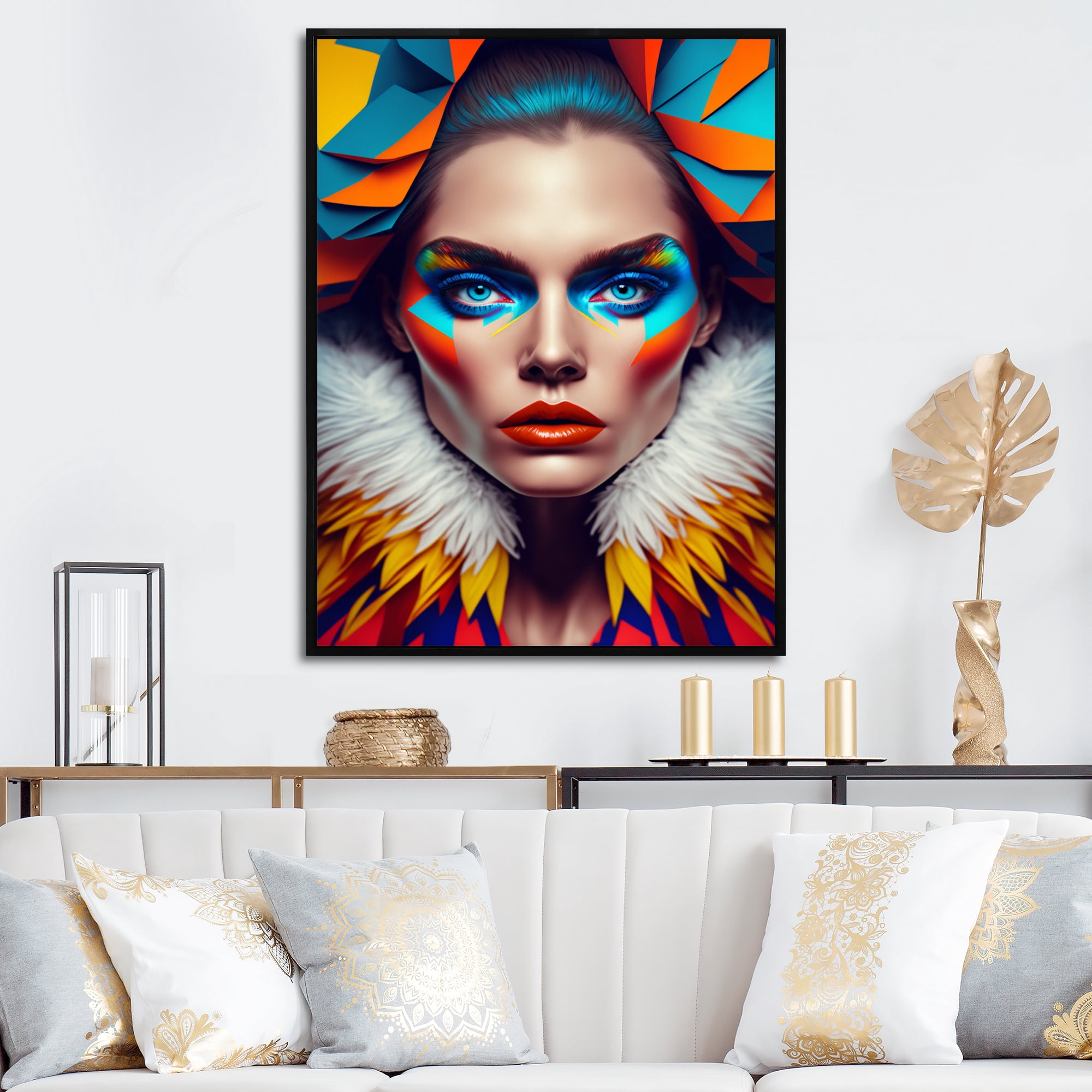 Designart Colorful Sensual Woman In Fur Coat I Floating Frame Wall Art