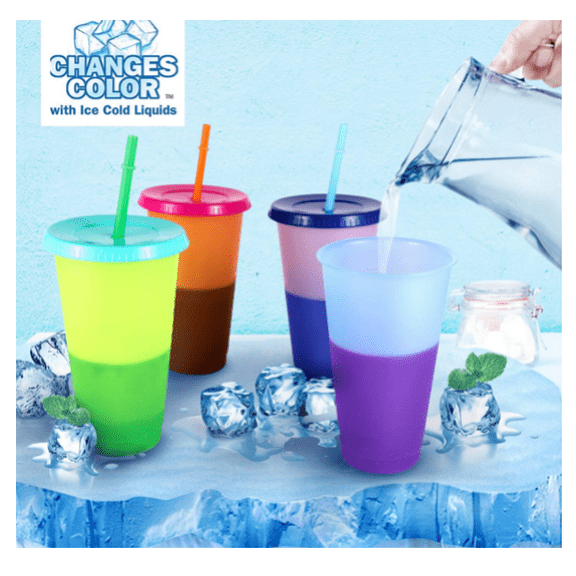 Reusable Colour Changing Plastic Cups with Lids and Straws Set of 4 (Mix)