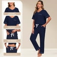 thumbnail image 5 of EA'S SECRET Womens Pajama Sets 100% Cotton Short Sleeve Top with Long Pants Sleepwear 2 Piece V Neck Loungewear Soft Knit (Navy Blue,S), 5 of 9