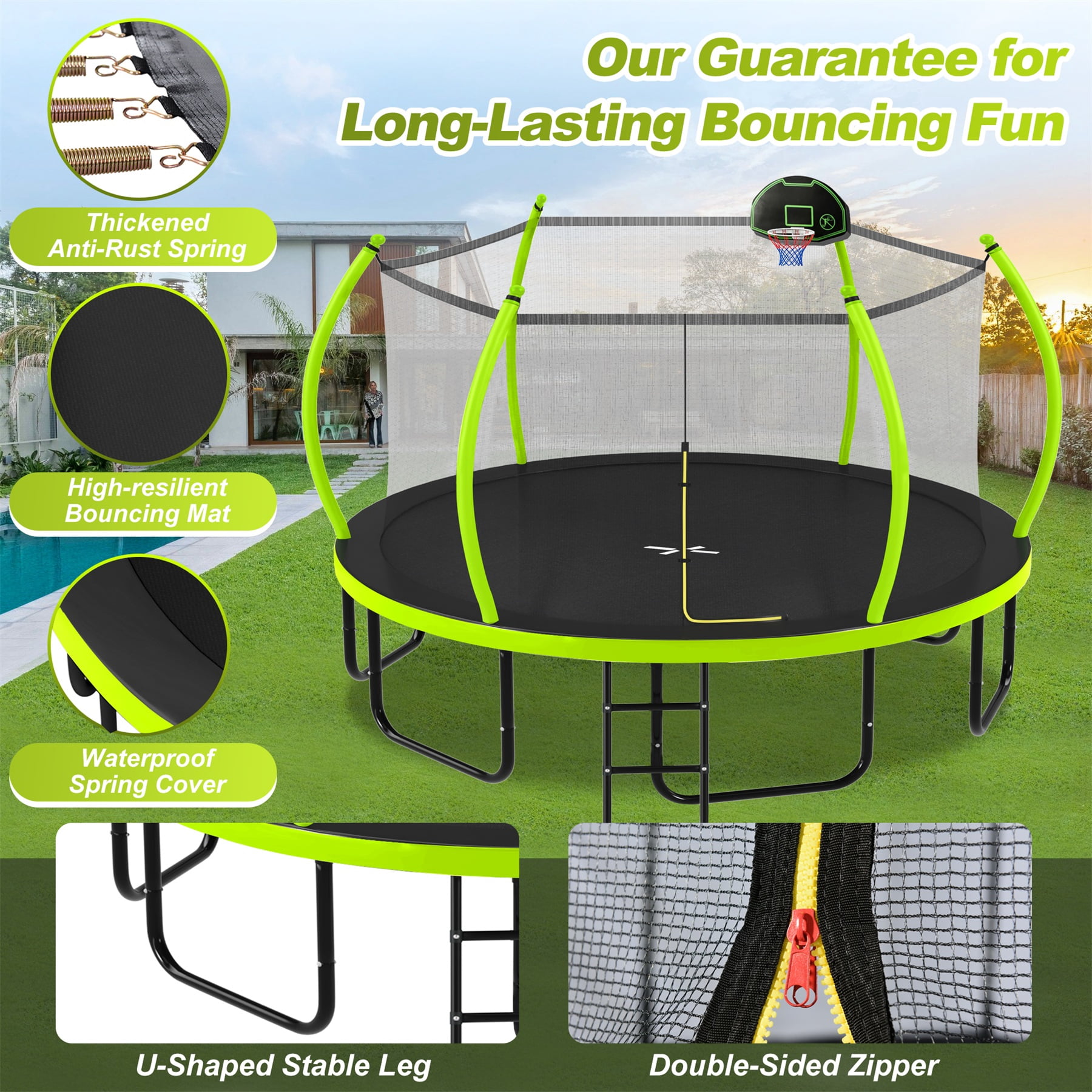 Alvantor 16Ft Trampoline for Kids, Pumpkin Trampoline with Enclosure Net and Basketball Hoop Green