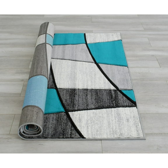 HR HANDCRAFT RUGS HR Color Block / Geometric /Linear Contemporary Hand Carved Area Rug Turquoise - 5' x 7'
