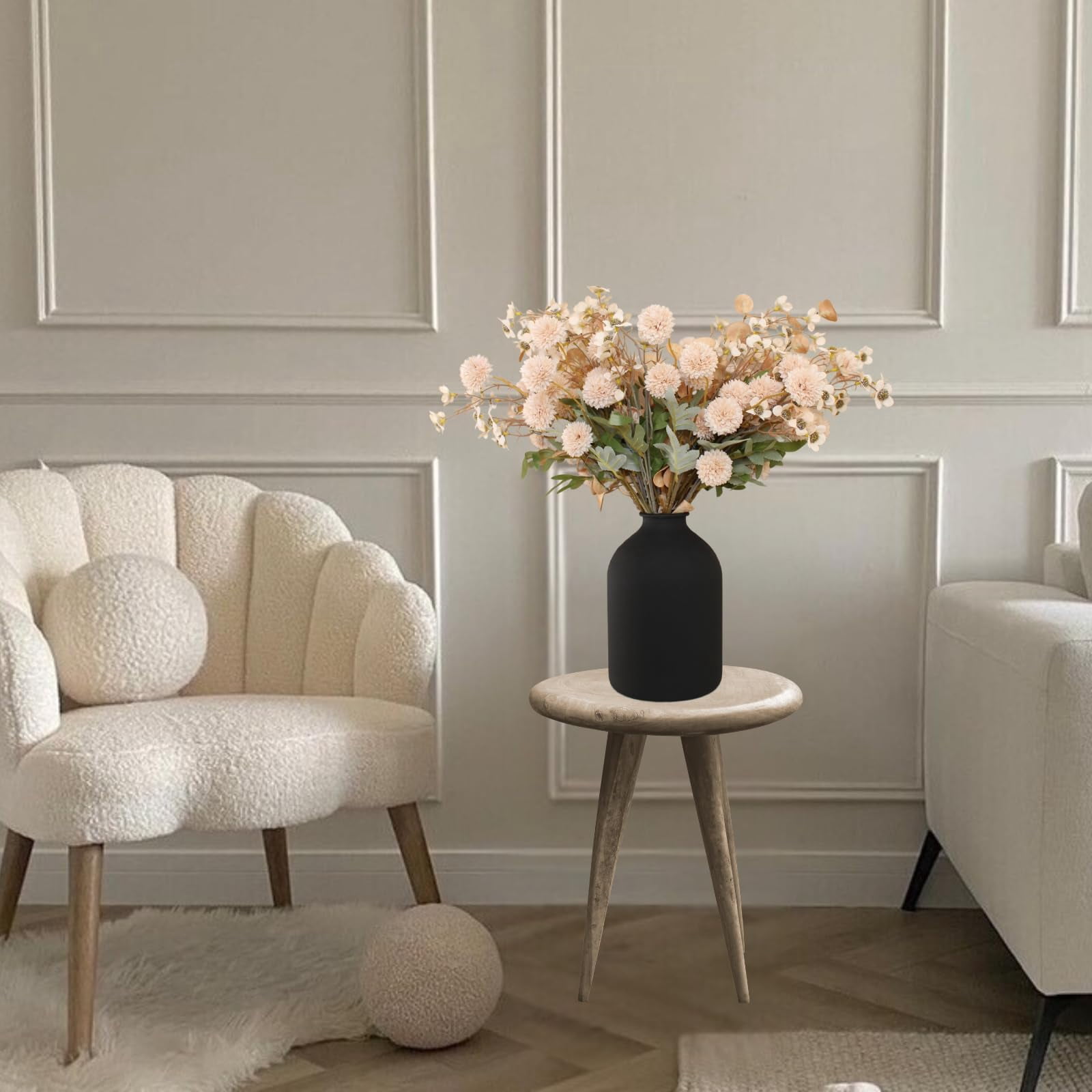 10 Stems Beige Flowers Artificial + Eucalyptus, Fake Mums Long Stem Faux Flowers For Vase, Neutral Floral