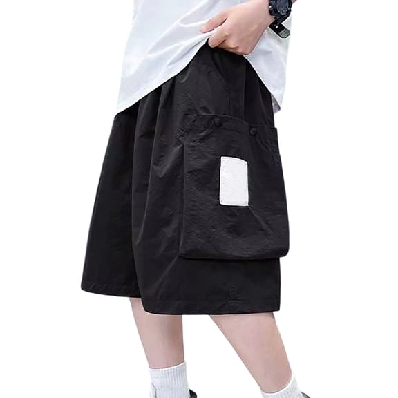 Boys Lightweight Drawstring Elastic Waist Cargo Knee Shorts, Multi Snap Pocket Loose Wide Leg Kids Summer Utility Shorts for School Outdoor Daily Casual Wear(Black,9-10 Years)