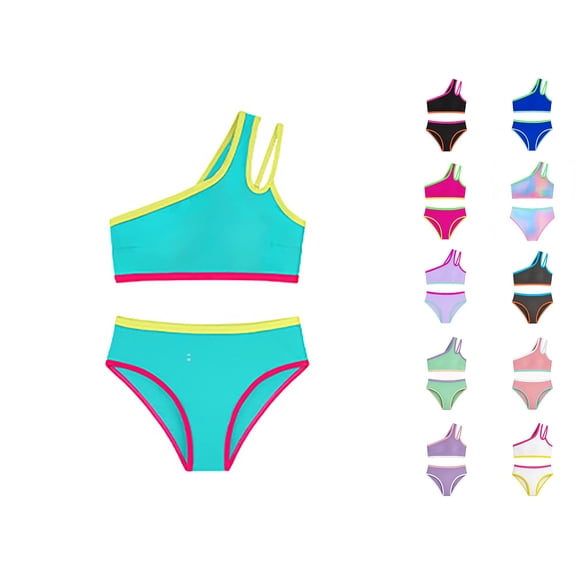 HNMKIU Swimsuits For Girls Two Piece One Shoulder Bathing With Chest Pad Color Block Bikini For Girls 7–16 Years Mint Green-A,11-12 Years
