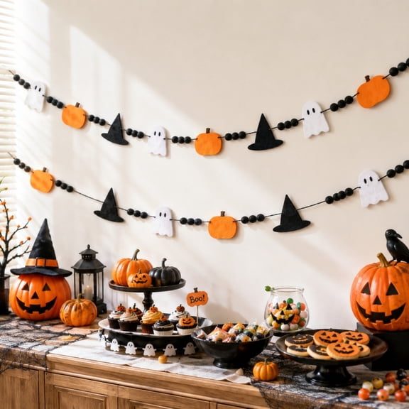 Halloween Decorations Cute Spooky Felt Garland, Black Bead Chain Pumpkin Witch Hat Ghost Banner for Home Indoor Holiday Decor