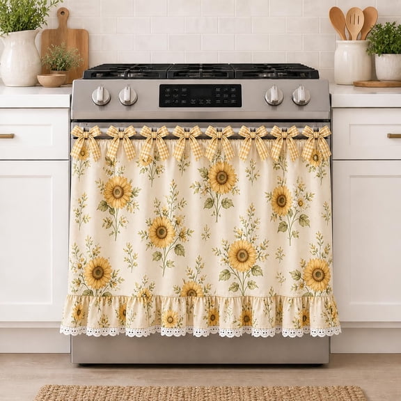 Farmhouse Kitchen Stove Curtain – Oven Skirt with Ribbon Ties, Decorative Front Cover for Oven