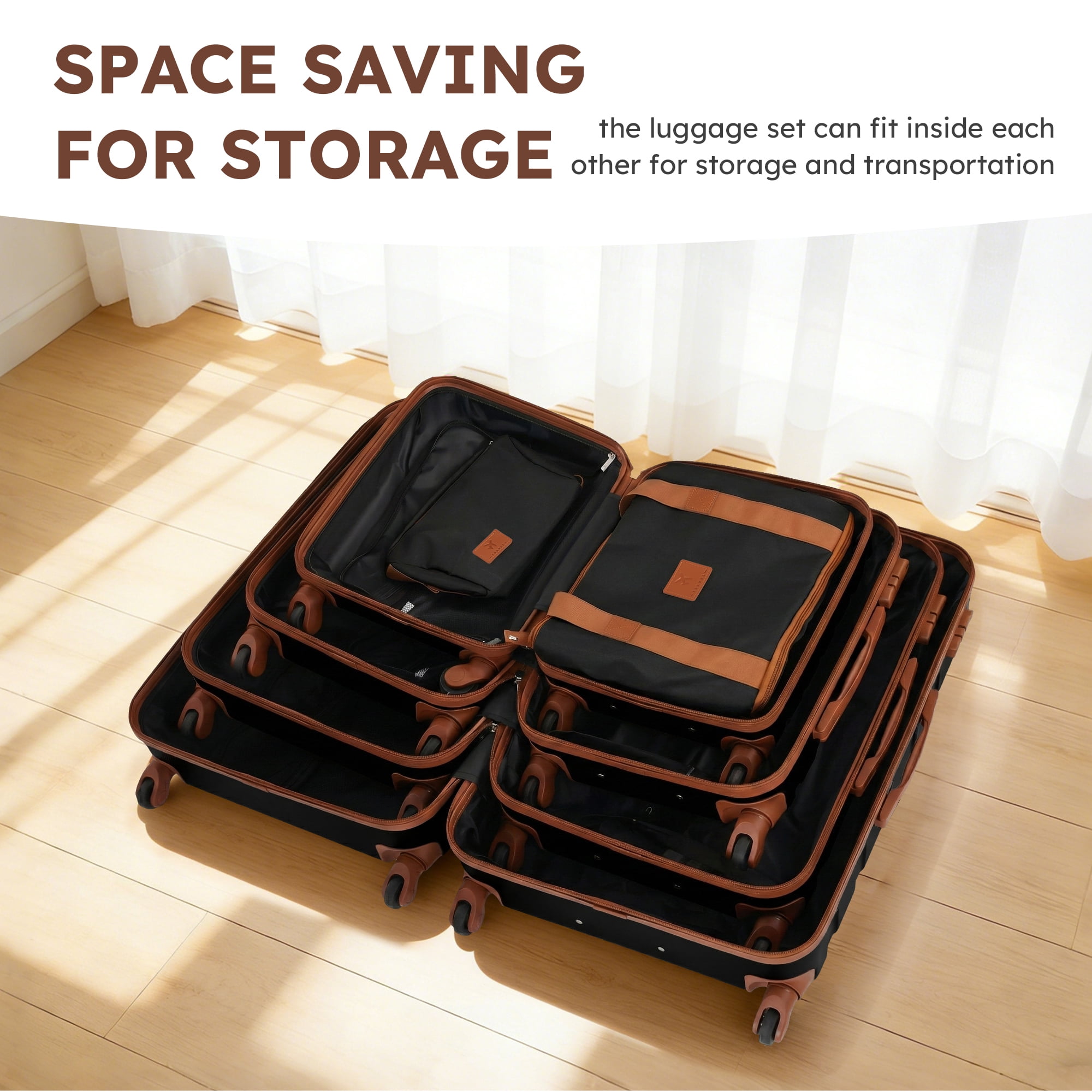 Gowill 6 Piece Luggage Sets,16/20/24/28 inch Hardside Lightweight ABS Suitcase With Expandable Duffle Bag (Black Tan)