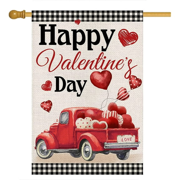 Happy Valentines Day House Flag for Outdoor,Buffalo Plaid Truck with Balloons Yard Flags for Outside,Seasonal Holiday Decorative Flag for Farmhouse Anniversary Wedding Decor 28x40 Double Sided