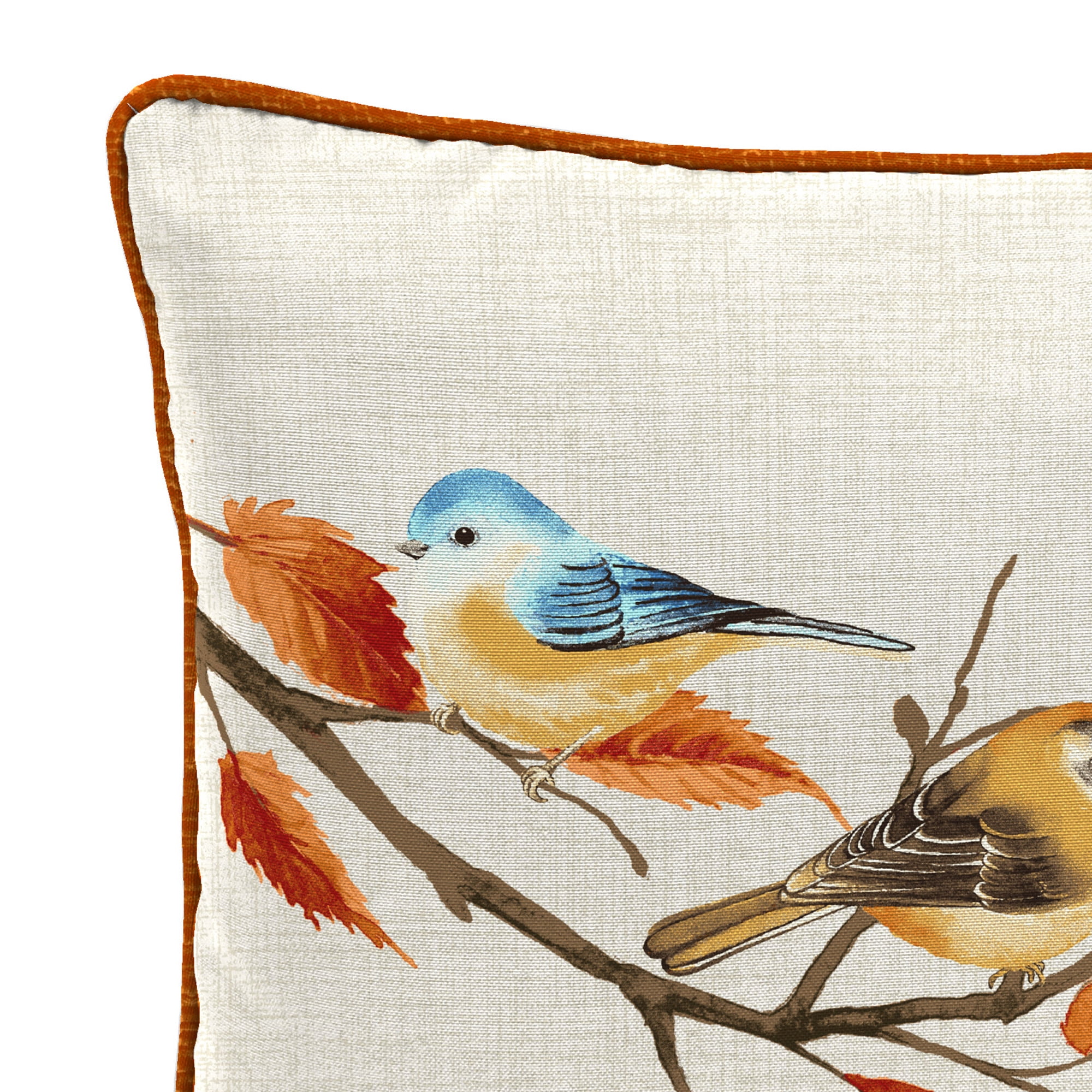 Jordan Manufacturing 16" x 16" Fall Branch Beige Bird and Celosia Ochre Yellow Crosshatch Reversible Square Outdoor Throw Pillow with Welt