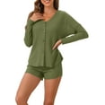 thumbnail image 4 of Conjuntos de pijama de waffle para mujeres INSPIRE CHIC, conjunto de lounge de punto, parte superior de manga larga con botones y pantalones cortos, ropa de casa a juego, verde claro, 4 of 5