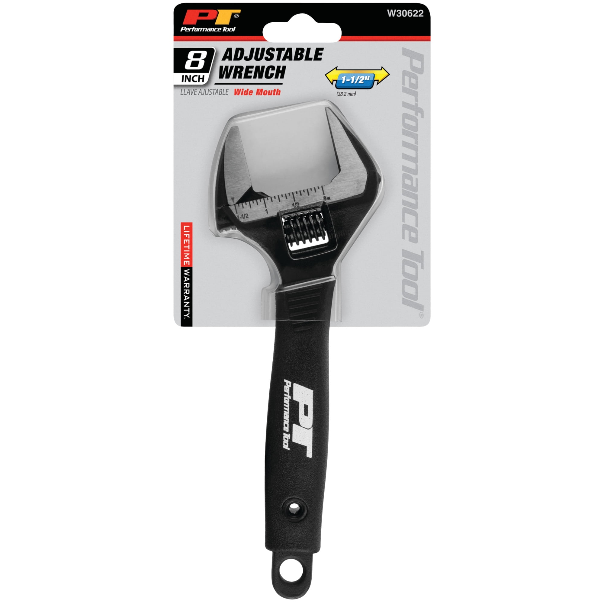 Performance Tool W30622 8 Inch Wide Mouth Adjustable Wrench: 1-1/2-in Jaw Capacity, Chrome Vanadium Steel, Ergonomic Molded Grip, Black Phosphate Finish, SAE/Metric, For Auto, Home, Black