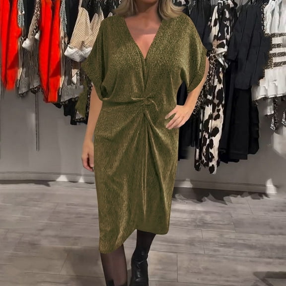 Sequin Dress for Women High Waist Glitter V-Neck Cap Sleeve Bodycon Midi Dress