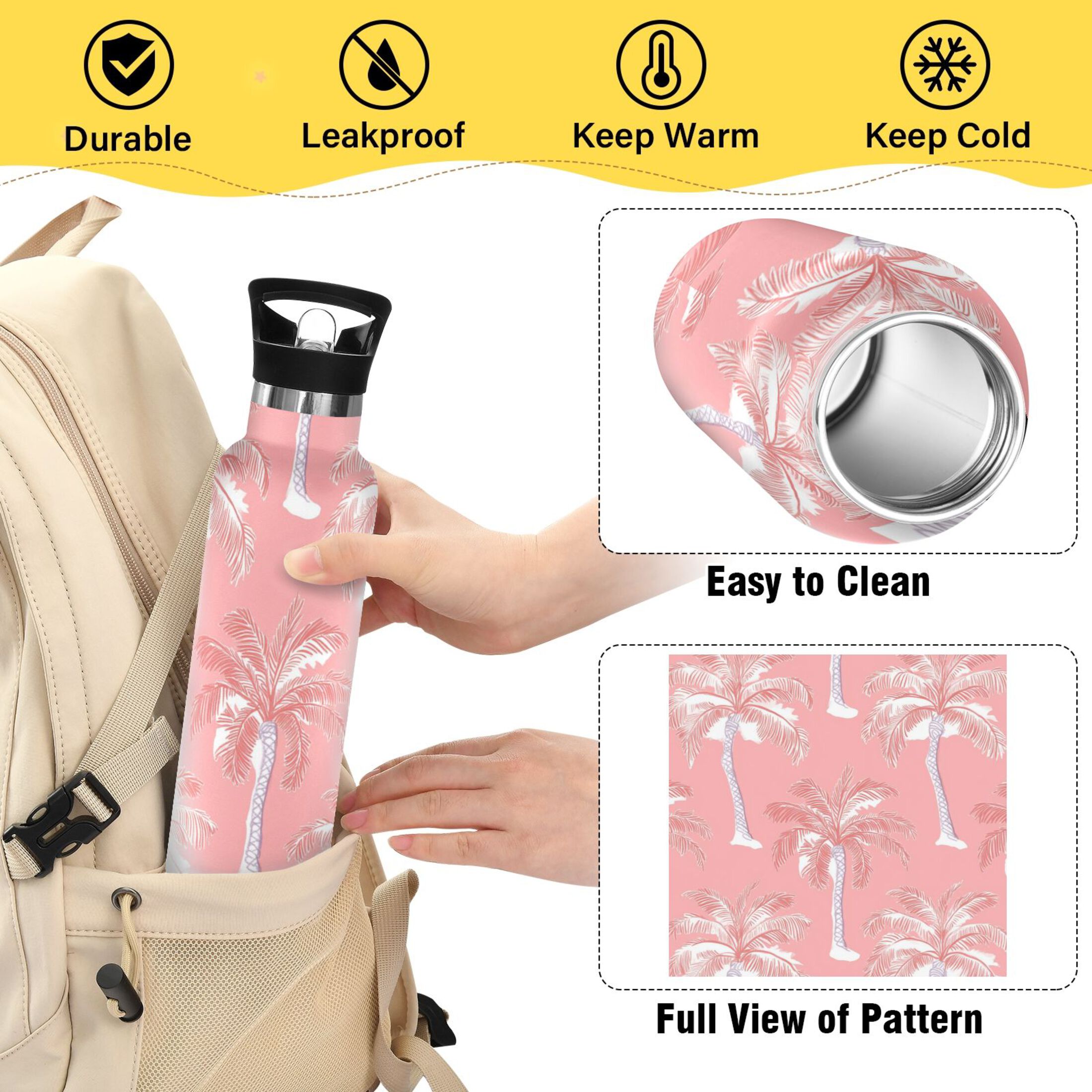 Kids Insulated Stainless Steel Sports Water Bottle 600ml (20oz) Coral Pink Palm Tree