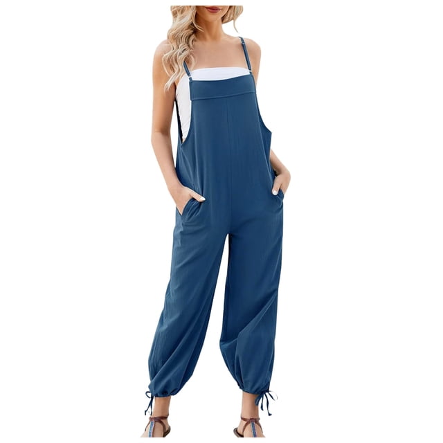 TrendOFT Combinaison une Pièce Femme Décontractée Été Couleur Unie Manches Courtes Col Carré Mode Ample Combinaisons Bleues S