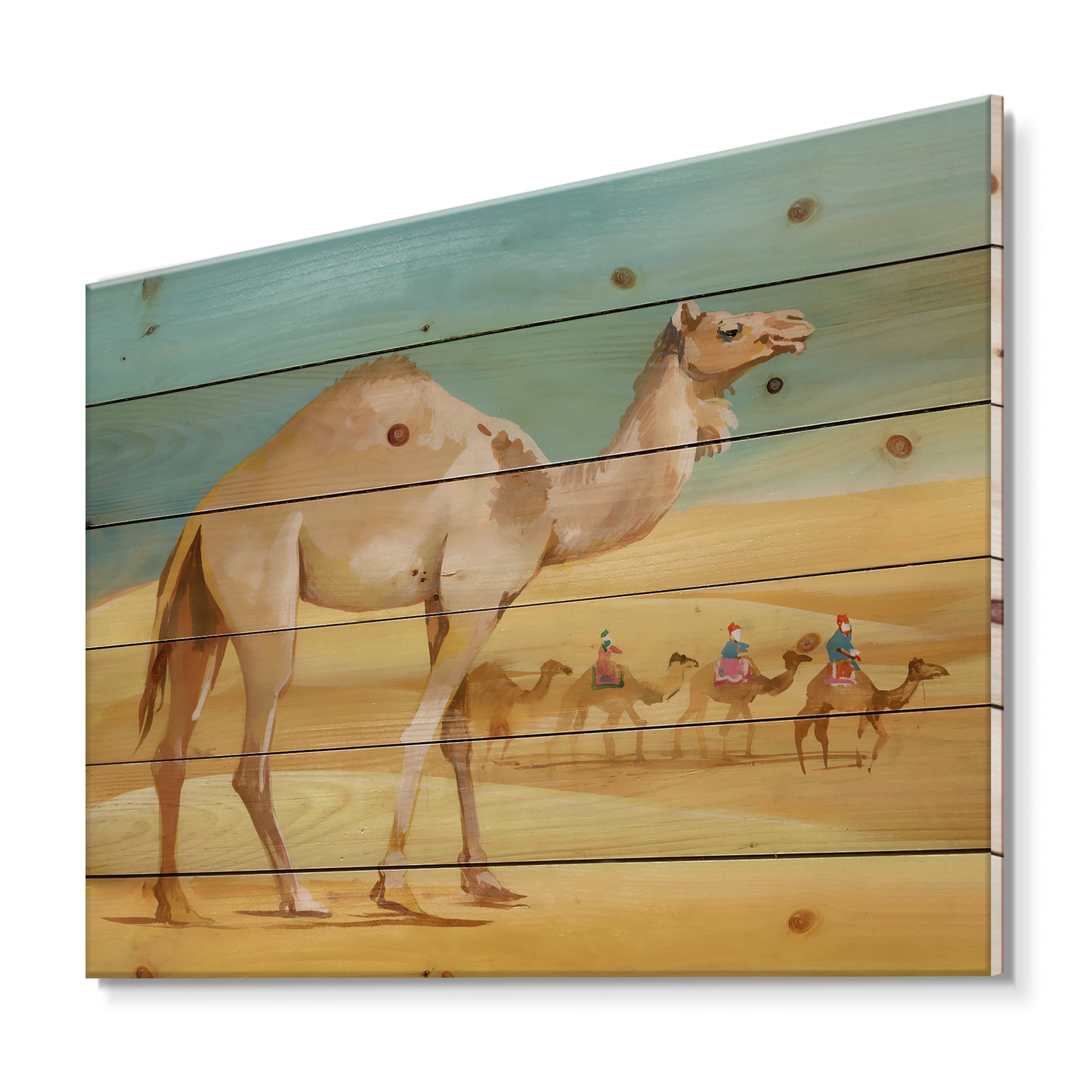 Designart 'Camels In Wild Desert I' Farmhouse Print on Natural Pine Wood