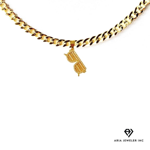 14K Bonded Gold Necklace, 24 Inches Cuban Chain with Sun Glasses Pendent